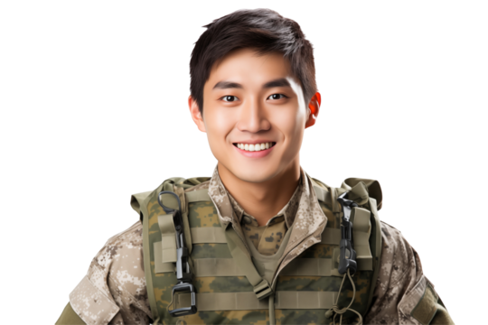 Smiling Asian soldier on transparent background. Smiling Asian soldier isolated on transparent background png cutouts. Army World. Chinese army. Image for graphic designer. Image for flyers. 