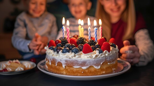 A birthday cake with candles and fruit on top is being lit by three people