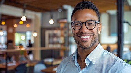Obraz premium A man with glasses is smiling and posing for a picture