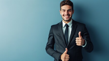 A man in a suit is giving a thumbs up