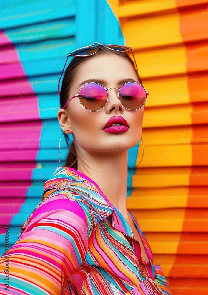 Canvas Prints A woman wearing a colorful striped shirt and sunglasses poses for a photo