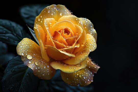 Yellow rose with drops of water on black background close-up image - Powered by Adobe