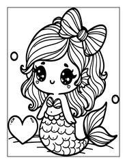 Mermaid Coloring Page isolated on transparent PNG background Generative AI