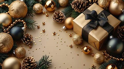 vintage christmas poster design,luxury gold,black xmas decorations,gift box on beige background