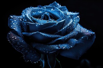 Blue rose with drops of water on black background close-up image