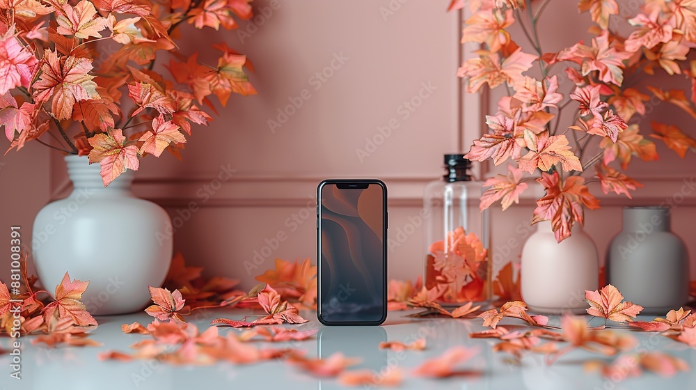 Wall mural white office desk table,smartphone mockup offices supplies fall leaves feminine home workspace top v