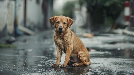 Stray homeless dog. Sad abandoned hungry puppy sitting alone in the street under rain. Dirty wet lost dog outdoors. Pets adoption, shelter, rescue, help for pets