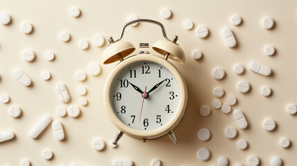 A classic alarm clock surrounded by white pills symbolizing the time of taking medications.