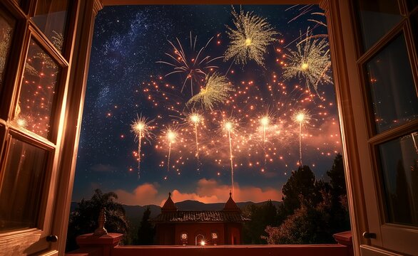 open window and fireworks