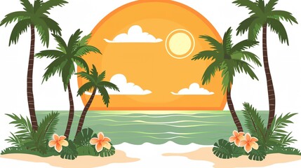 Obraz premium a tropical sunset with palm trees and flowers on the beach