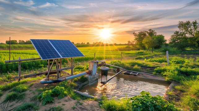 In a rural setting, a solar panel powers a water pump, enabling sustainable water management during sunset.