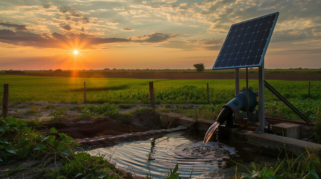In a rural setting, a solar panel powers a water pump, enabling sustainable water management during sunset.