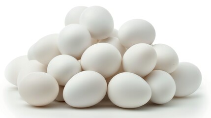 close up side view on white chicken eggs pile heap on white background