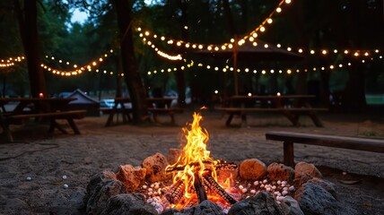 Campfire at night with string lights and picnic tables in the background.