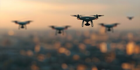 Fototapeta premium Aerial drone technology transforming urban logistics and services futuristic cityscape pins. Concept Aerial drones, Urban logistics, Futuristic cityscape, Transformative technology
