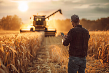 Female farmer using tablet while standing in a wheat field with a harvester working behind her at sunset.