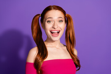 Photo portrait of attractive young woman excited reaction dressed stylish pink clothes isolated on...