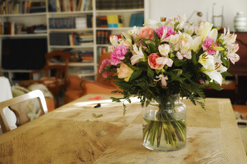 Flowers, home and nature bouquet for decoration, sustainable bunch and house plants. Indoor, posy and collection for interior design or botanical growth in apartment, leaves and blooming in lounge