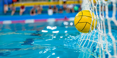 Water polo ball hitting net, scoring goal, wide banner, copyspace