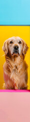 Naklejka premium Golden retrievers dog portrait in a vertical frame on a bright multi-colored background.