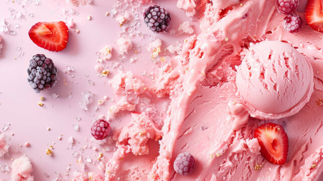 Containers with pink ice cream decorated with berries and fruits.