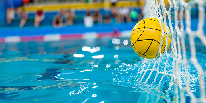 Water polo ball hitting net, scoring goal, wide banner, copyspace
