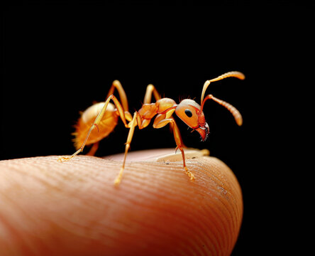 Extreme close up editorial photo of a fire-ant biting a finger of a man