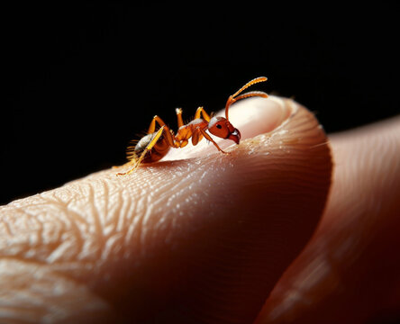 Extreme close up editorial photo of a fire-ant biting a finger of a man
