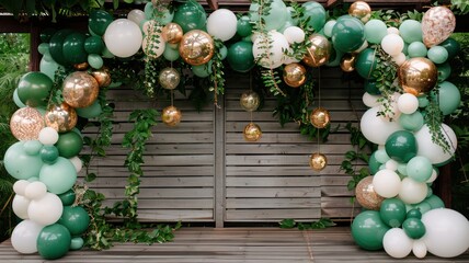 Obraz premium Elegant black and white balloon arch with lush greenery and lights at event entrance