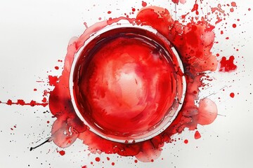Red Watercolor Stain Ring on Glass Cup with Splatter and Drops on White Background - Abstract Art Design Element