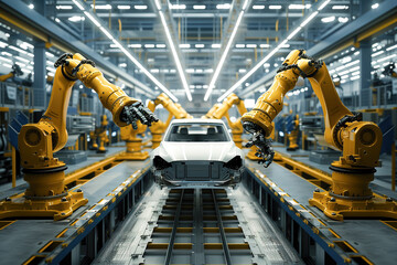 A car is being built in a factory with robotic arms