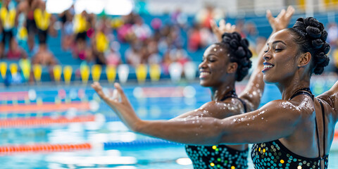 Synchronized swimming team, wide banner, copyspace
