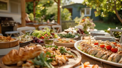 Fototapeta premium Group of families enjoying a potluck picnic, showcasing diverse dishes and a vibrant, outdoor setting with sunlight filtering through the trees
