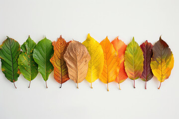 A collection of colorful autumn leaves arranged in rows on a white background.