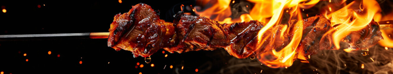 A close-up, beef is skewered on an iron stick, surrounded by vibrant orange and red flames.