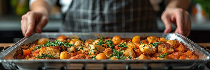 Close-up of a person handling a tray of roasted vegetables and herbs, showcasing homemade culinary skills. Concept of cooking, autumn flavors, and home preparations