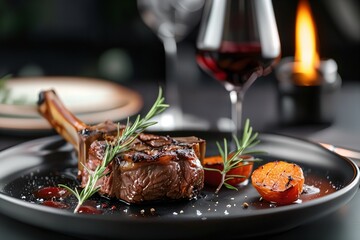 a plate of food with a glass of wine in the background