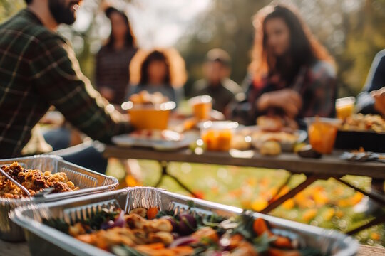People enjoying a garden picnic with various dishes and drinks on a sunny day. Concept of community, outdoor gatherings, and autumn celebrations