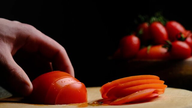 cut a tomato on a black background