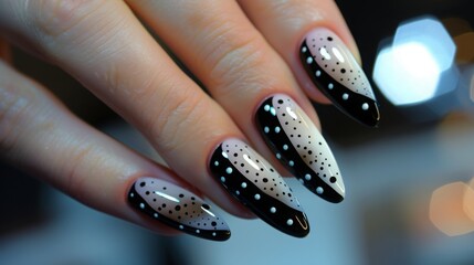 Close-up of a hand with long, almond-shaped nails painted in a black and white polka dot design. The nails are polished in a nude shade with black dots and a black line separating the two colors.