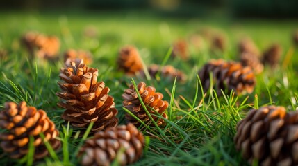 Collection of larch cones scattered on fresh green grass