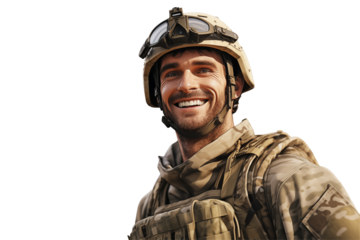Smiling american soldier on transparent background. Smiling european soldier isolated on transparent background png cutouts. Army World. American army. Image for graphic designer. Image for flyers.