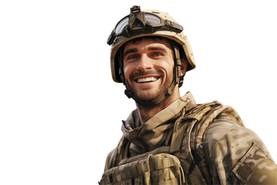 Smiling american soldier on transparent background. Smiling european soldier isolated on transparent background png cutouts. Army World. American army. Image for graphic designer. Image for flyers.