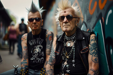 old punkers posing with their spiked hair, tattoos and piercings