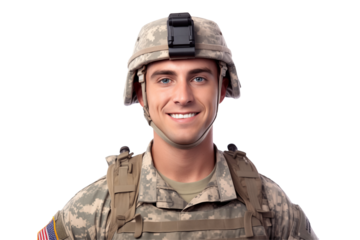 Smiling american soldier on transparent background. Smiling european soldier isolated on transparent background png cutouts. Army World. American army. Image for graphic designer. Image for flyers.