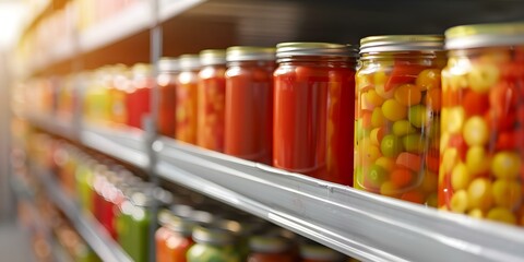 Donated Canned Goods on Pantry Shelf at Community Resource Center A Close-Up View. Concept Food Donation, Community Support, Canned Goods, Volunteer Work, Local Charity