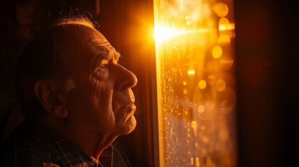 Man gazing thoughtfully at a light source, such as a window or a lamp