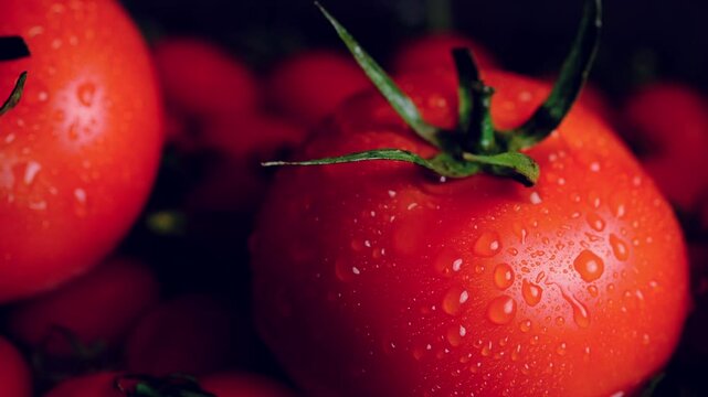 red fresh tomatoes in water droplets