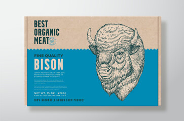 Beef Meat Vector Packaging Label Design on a Craft Cardboard Food Box Container. Modern Typography and Hand Drawn Domestic Bison Buffalo Face Head Background Layout Isolated