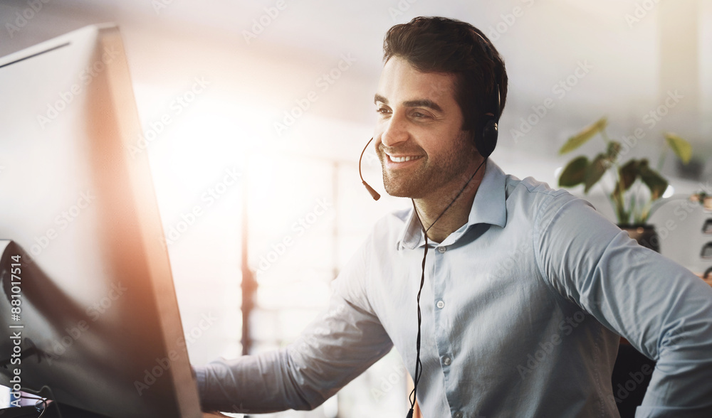 Poster call center, customer support and man on computer in office for talking, online help and consulting.